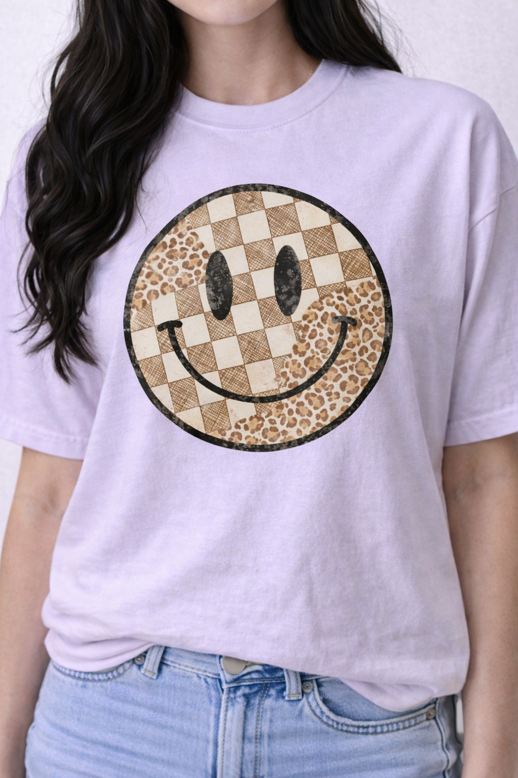 😊🤎 Neutral Patchwork Smiley Face Crewneck Sweatshirt (Comfort Colors)