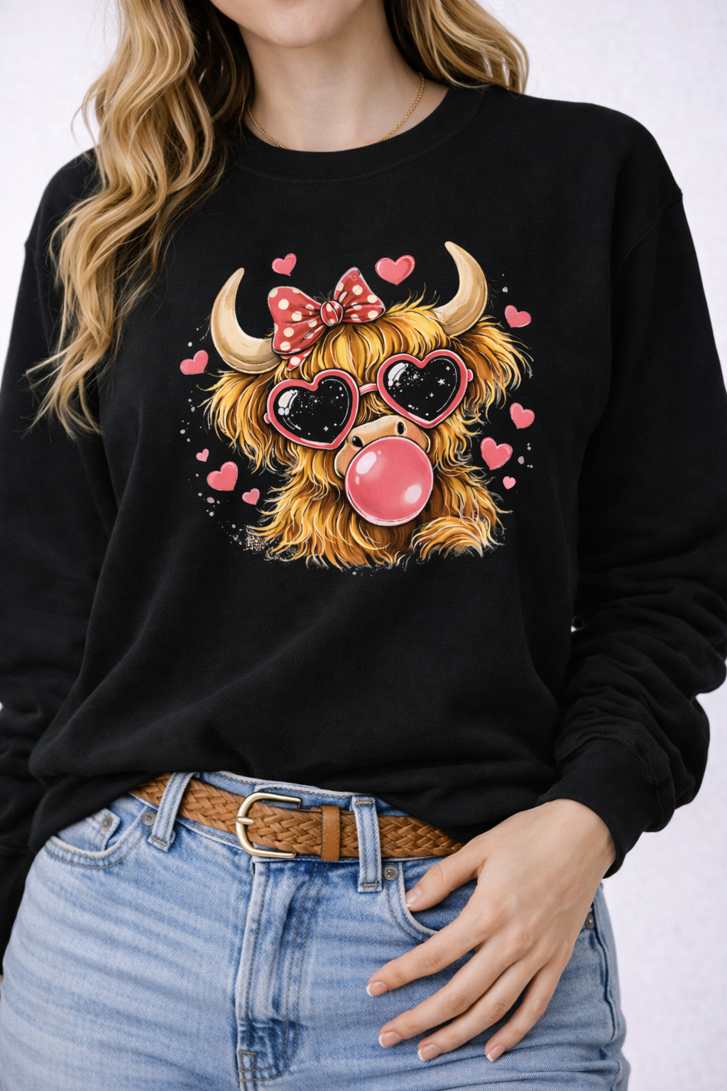 Valentine Highland Cow with Heart Sunglasses Graphic Crewneck (Gildan)