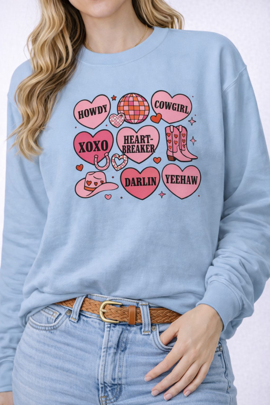 💕🌵 Howdy Cowgirl Valentine Candy Hearts Crewneck (Gildan)