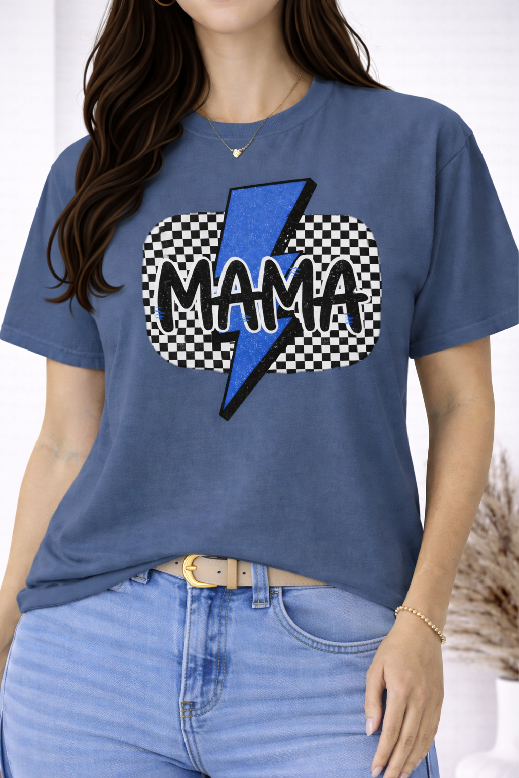 Blue Lightning Mama Checker Graphic Tee