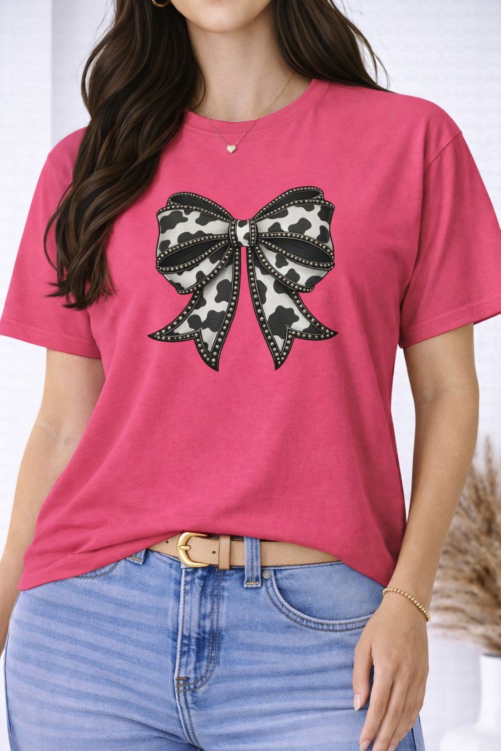 Western Cow Print Studded Bow Graphic Tee